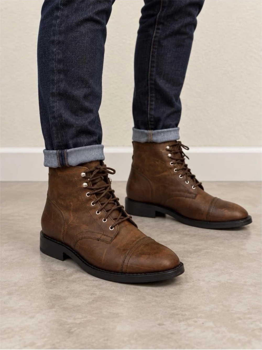 Thursday Boot Company Brown Leather Cap-Toe Lace-Up Boots Distressing Sz 10.5W